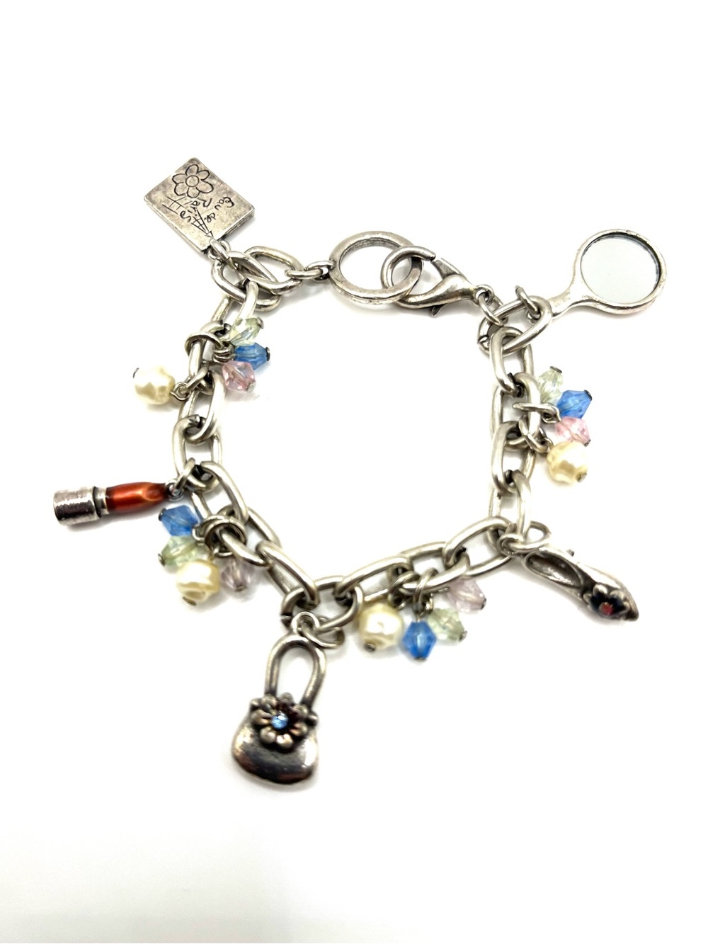 Vintage Charm Bracelet Mirror Lipstick Heel Purse Vogue Chain Link Bracelet